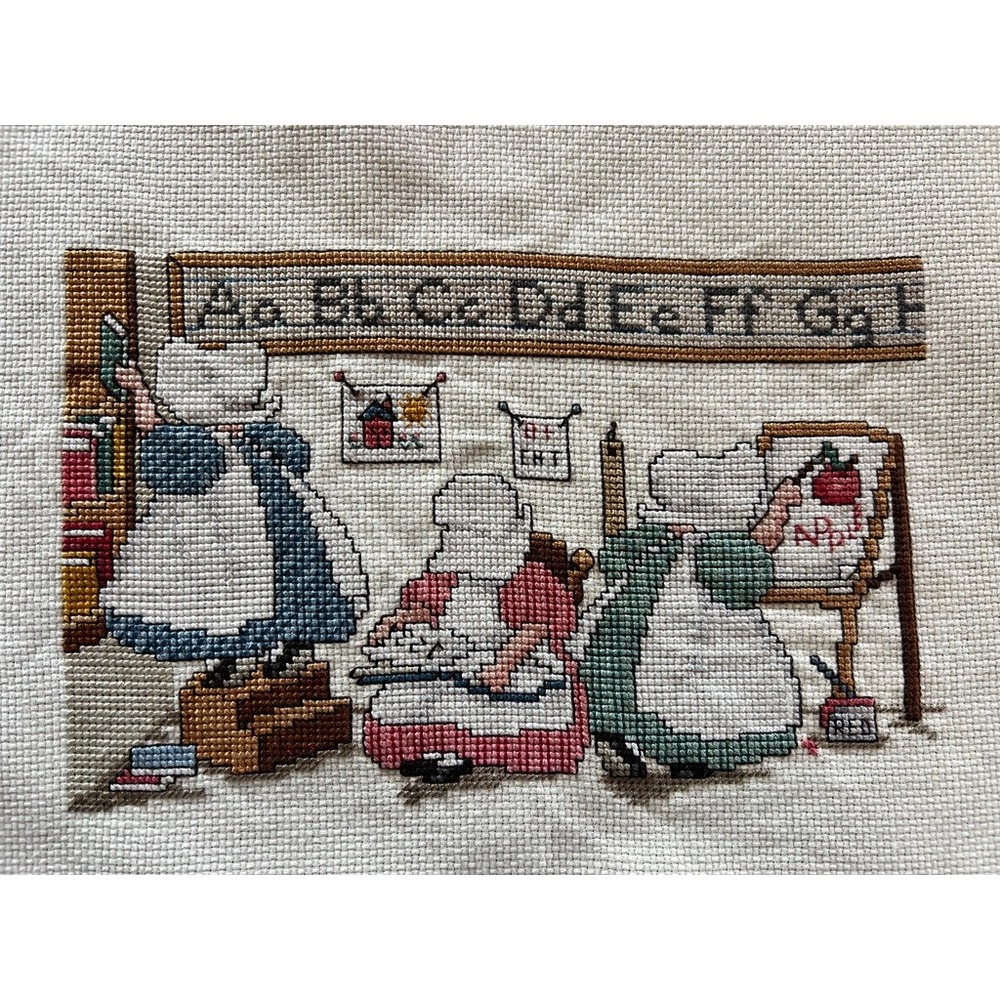 Vintage Cross Stitch One Room Schoolhouse Sampler Teacher Folk Art Finished Cozy